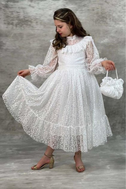 Girl's White Dress with Transparent Tulle and Ruffle Detail on the Sleeves and Collar