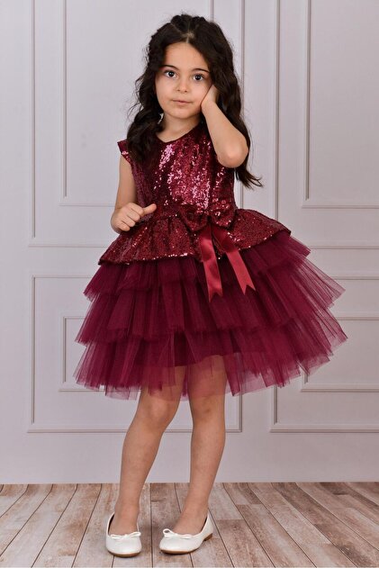 Mixie Girl's Burgundy Birthday Tulle Evening Dress- Trendyol