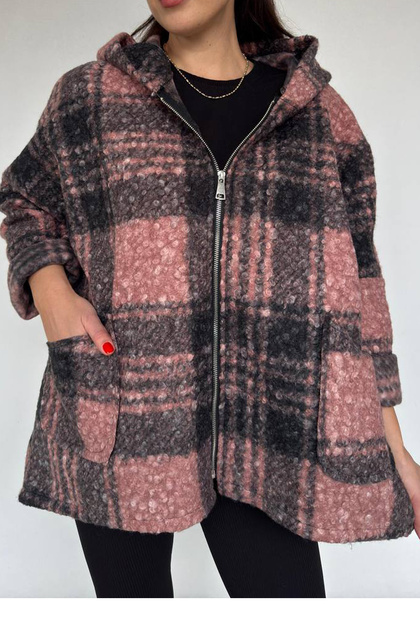 Women's Italian Powder Plaid Patterned Oversize Loose Boucle Coat with Hood and Zipper Pockets