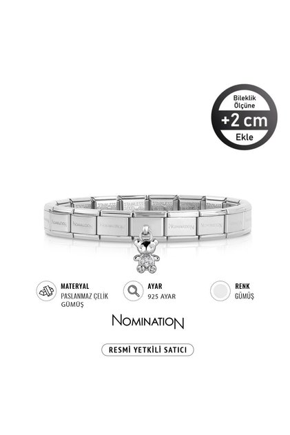 Italy Composable 925 Ayar Gümüş Taşlı Sallanan Ayıcık Ve Çelik Bileklik Silver
