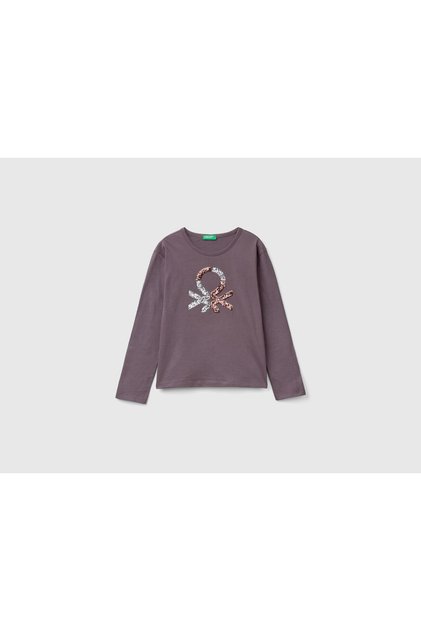 Girls Anthracite Front Sequin Logo Embroidered Crew Neck Long Sleeve T-Shirt