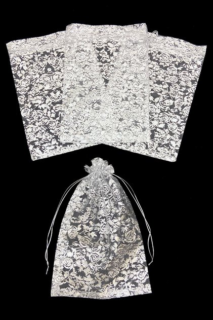 Silver Rose Pattern Tulle Pouch Transparent, Henna Cookie Gold Jewelry Bundle Dowry Towel Pouch 10 Pieces Measure 20X29Cm