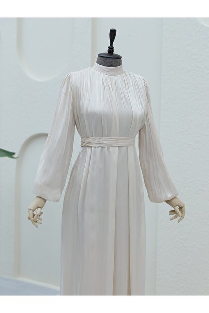 Modamorfo Shimmering Fabric Balloon Sleeve Dress with Gathered Shoulders - Beige