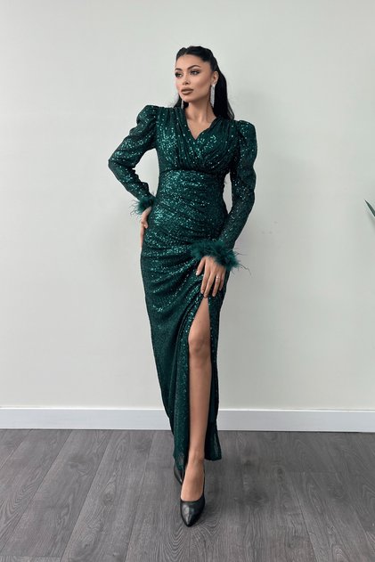 Rochie de seară cu paiete și detalii Otriş - VERDE SMARAGD