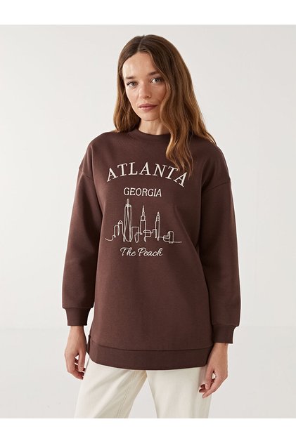 Lcw Modest Brown Crew Neck Printed Women's Sweatshirt Tunic