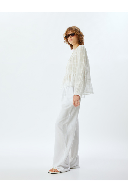 Linen Blended Straight Leg Trousers with Lace-Up Waist - Pocket Detail
