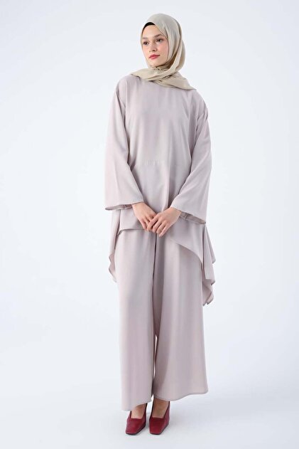 Stone-Asymmetric Cut Tunic and Wide Leg Trousers Suit