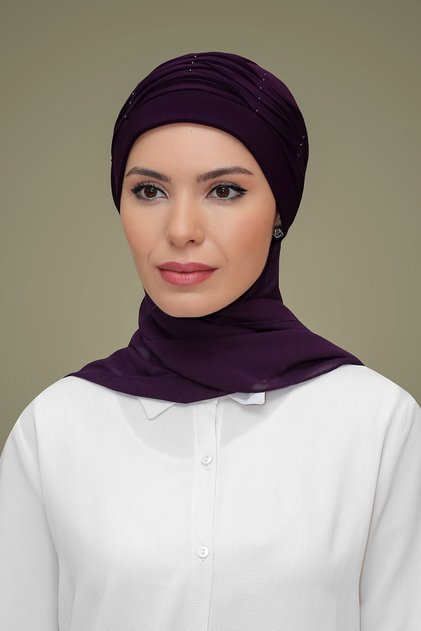 Plum Practical Ready-To-Wear Hijab Bonnet Sandy Fabric Pearlescent Ribbed Rose Scarf 1805A_07