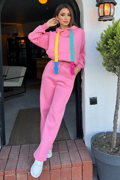 Pink Women's Waist Lace-Up Three Thread Ribbed Wide Leg Palazzo Bottom Tracksuit
