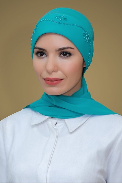P. Yeşili Practical Ready-To-Wear Hijab Bonnet Sandy Fabric Rose Embroidered Chiffon Scarf 1206A_19