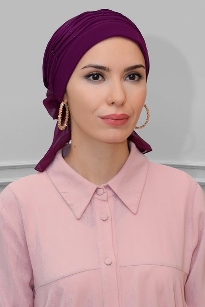 Şarabi Practical Ready-To-Wear Hijab Bonnet Sandy Fabric Pearlescent Pleated Ribbed Rose-Colored 1805_08