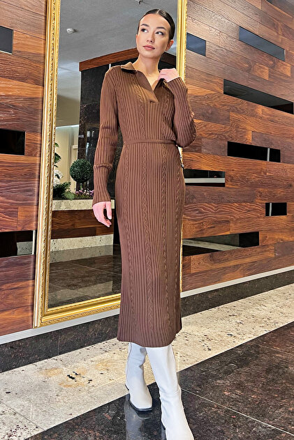 GLSEL Brown Women's Polo Collar Waist Tied Long Knitwear Dress- Trendyol GLSEL Brown Women's Polo Collar Waist Tied Long Knitwear Dress- Trendyol