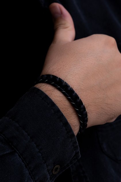 Men's Steel Bracelet - Speckled Onyx Natural Stone Men's Leather Bracelet