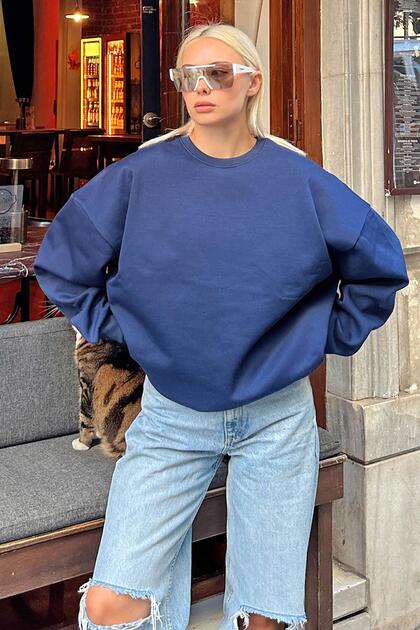 Marineblaues, übergroßes Basic-Damen-Sweatshirt mit Rundhalsausschnitt und Fleece-Innenseite