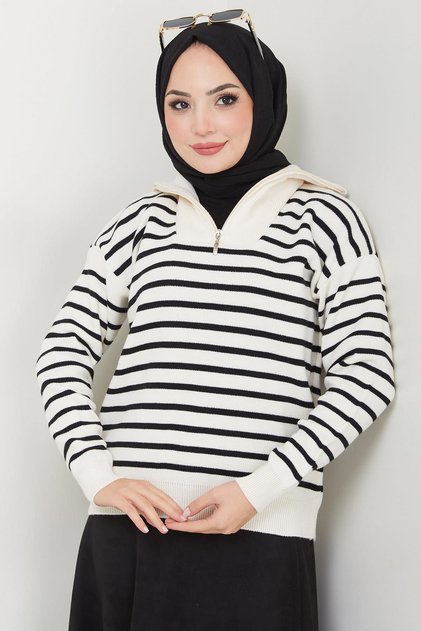 Zipper Detailed Striped Knitwear Sweater White Hm2611