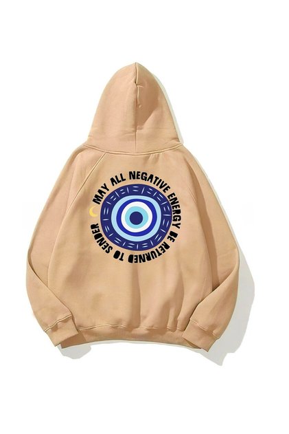 Unisex Oversize Φούτερ με κουκούλα με στάμπα Nazar Boncuğu σε μπεζ χρώμα – Με κουκούλα, τσέπη καγκουρό, 3 κλωστές
