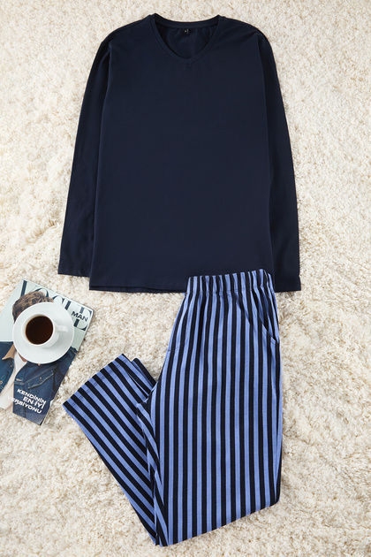 Navy Blue Regular Fit 100% Cotton Striped Knitted Pajamas Set Thmaw21Pt0715