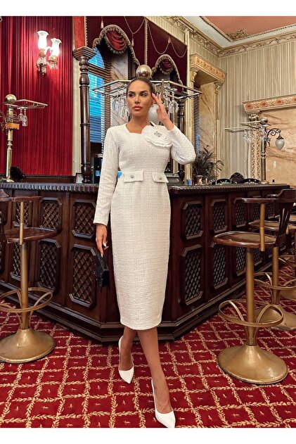 white christmas dresses Women's Dhotra Asymmetric Side Slit Chanel Midi Dress S/M/L White Mean Blvd M / White