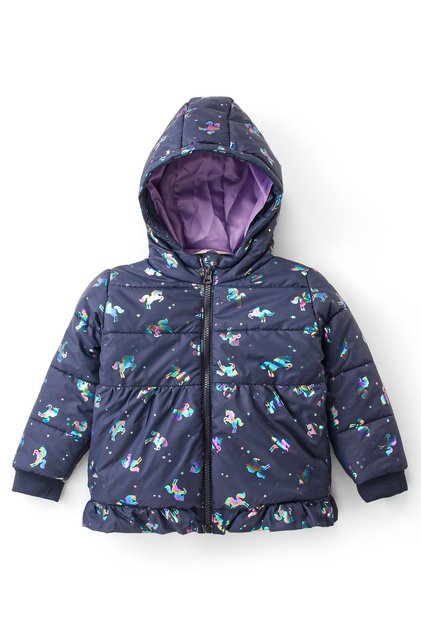Full Sleeves Puffer Jacket with Hood Unicorn Print - Blue