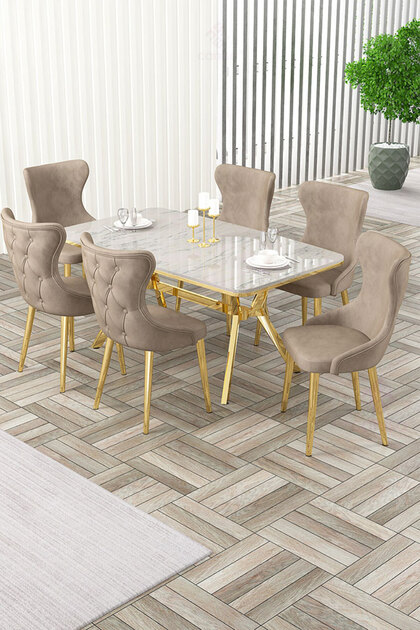 Esla Serisi 90x160 Lak Panel Beyaz Mermer Desen Gold Ayaklı Masa Takımı ve 6 Cappucino Sandalye