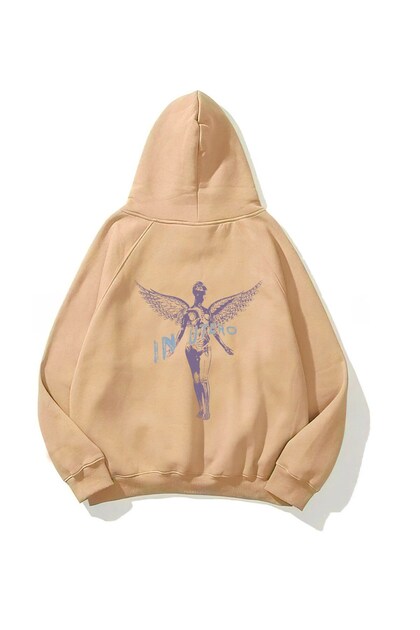 سويت شيرت هودي كبير الحجم للجنسين مطبوع عليه Nirvana In Utero باللون البيج - بقلنسوة، وجيب كانجارو، و3 خيوط