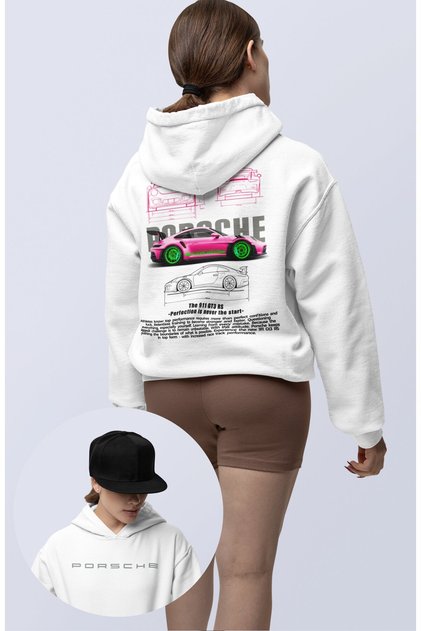 Oversize Pink Porsche 911 Gt3 Back Print Hooded Sweatshirt, Unisex Racing Car Themed Hoodie
