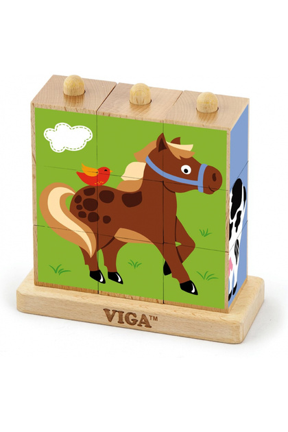 Activitate Puzzle cu cuburi din lemn cu animale de fermă pentru copii cu vârsta de peste 2 ani, 9 piese