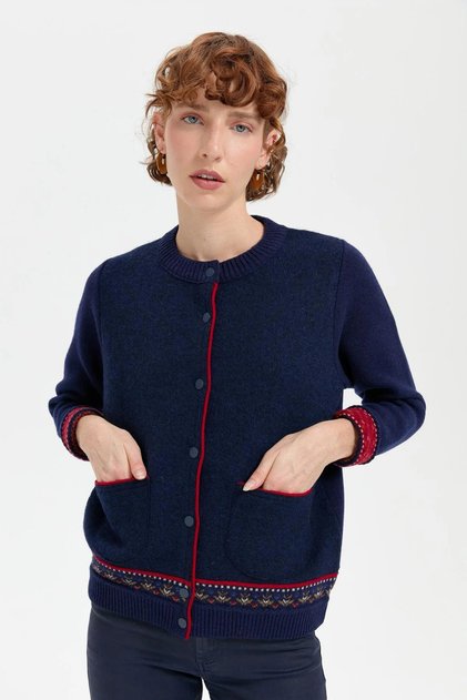 Women's O-Neck Skirt and Sleeve Print Woolen Jacket 24085 Y.A. Navy Blue