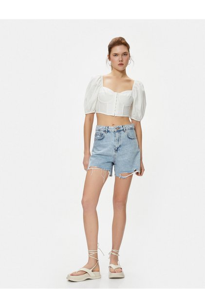 Crop Blouse Corset Detailed Clasp Balloon Sleeve Heart Collar
