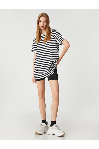 Cotton Oversize Long T-Shirt - Crew Neck, Short Sleeve