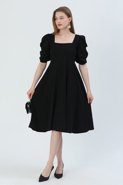 Flexible Crepe Fabric Short Sleeve Square Neck Midi Length Flared Cut Black Dress 080