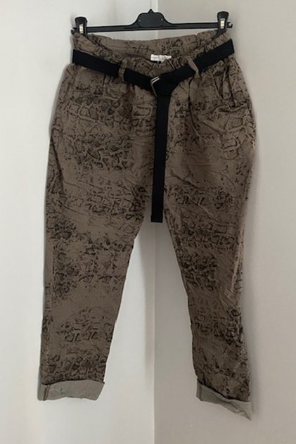 Kadın Italyan Vizon Beli Lastikli Kemerli Leopar Desenli Skinny Likralı Pantolon