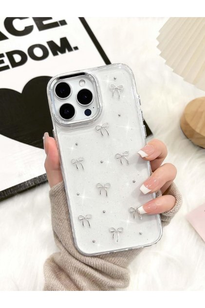 iPhone 16 Pro Max Compatible Bow Pattern Transparent Case Glitter Shockproof Cover