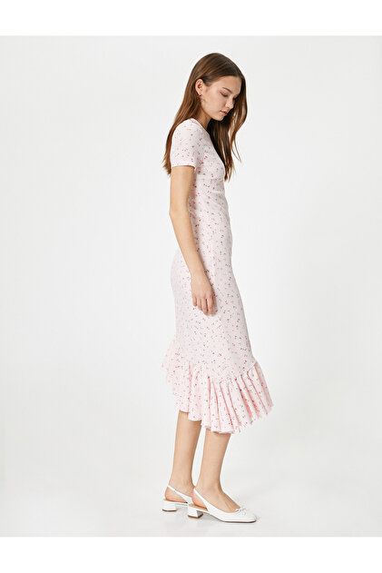 Floral Dress Midi Length Asymmetrical Cut Ruffle Short Sleeve Crew Neck