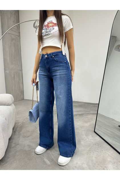 Women's Blue Pale Effect Lycra High Waist Wide Leg Loose, Sail Palazzo Jeans