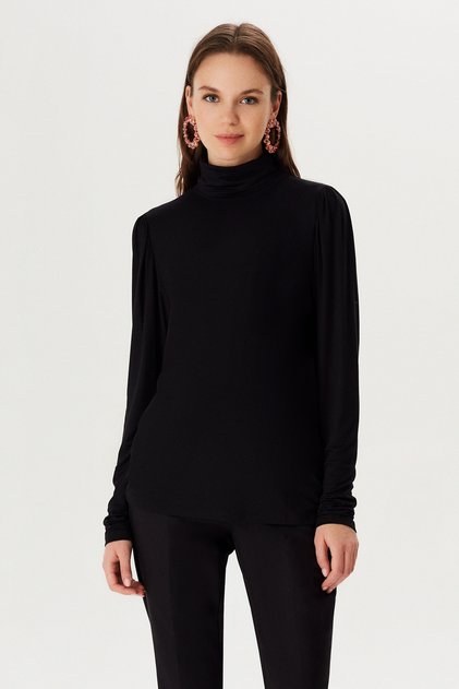 Turtleneck Shoulders Gathered Combed Cotton Blouse