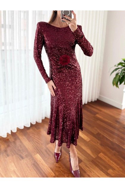 Women's Sequin Rose Accessory Midi Burgundy Dress