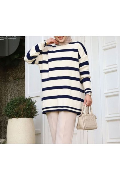 Standard Size Striped Long Sleeve Knitwear Tunic