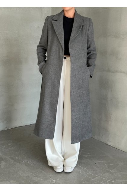 Dark Gray Belted, Lined, Pocket-Detail Melton Coat