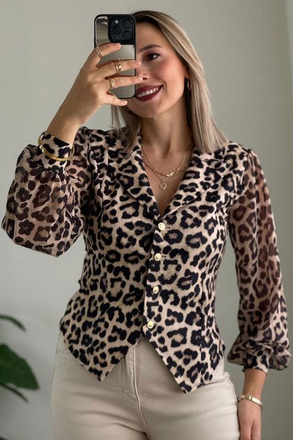 Long Balloon Transparent Cuffed Sleeve Leopard Blouse