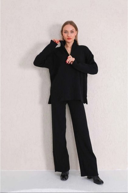 Women's Ribbed Collar Zippered Leg Slits Side Zipper Knitwear Suit Ecru