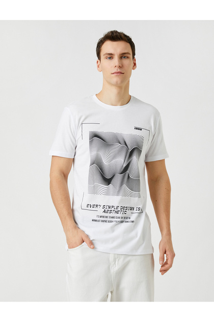 Slogan Printed T-Shirt Geometric Detailed Crew Neck Slim Cut
