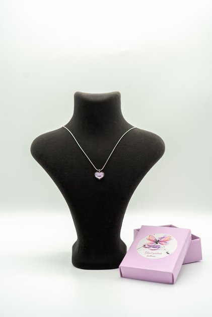 Pink Purple Heart Pendant Steel Heart Necklace Non Tarnish Steel Chain Silver Color Heart Necklace