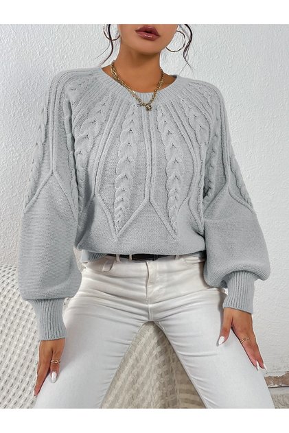 Women's Hair Braided Crew Neck Italian Sleeve Knitwear Gray Sweater