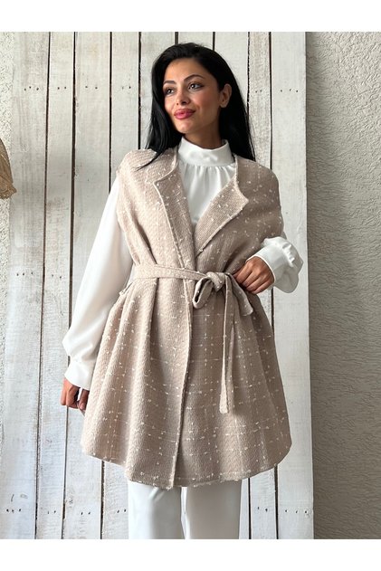 Kadın Bej Rengi Oversize Tüvit Panço