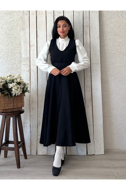Long Black V-Collar Gilet Dress-White Drawstring Blouse Suit (Gilet-Bluz)