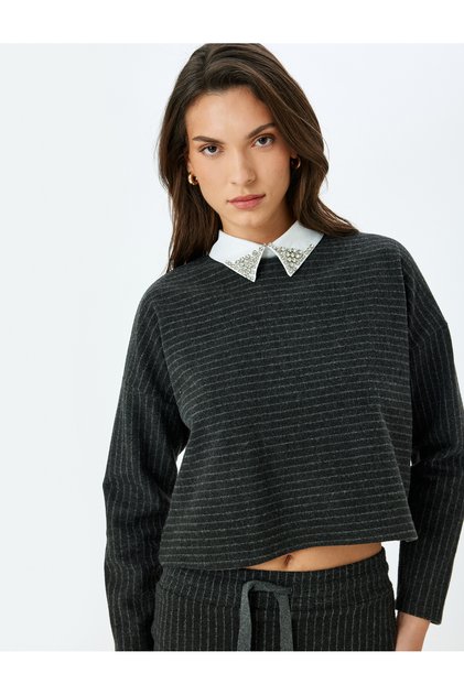 X Selected by Şahika Ercümen - Long Sleeve Shirt Collar Striped Stone Embellished Sweater