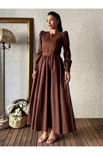 Rochie din poplin maro cu tiv lat, stil hijab