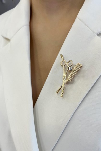 Kuaför Taş Detaylı Makas Tarak Broş (5cm)