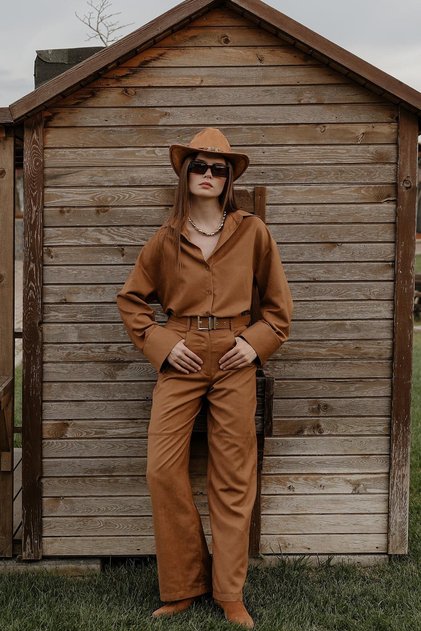 Pinterest Equivalent Nubuck Fabric Belt Palazzo Pants Oversize Cut Shirt Sewing Detail Suede Suit